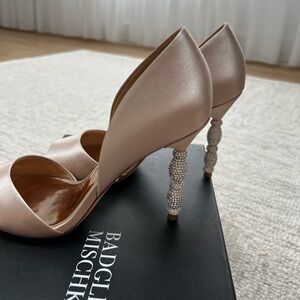 Badgley Mischka, Elegance Peep-Toe D'Orsay Heels, Light Natural Satin Size 7